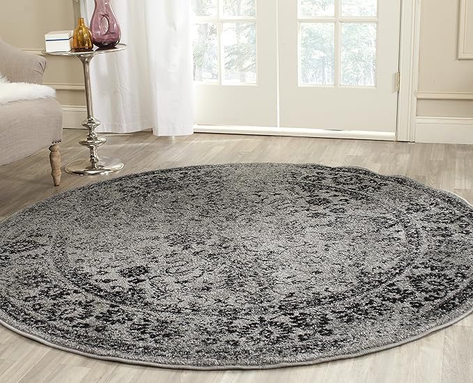 SAFAVIEH Adirondack Collection Area Rug - 4' Round, Grey & Black, Distressed Vintage Floral Design, Non-Shedding & Easy to Clean, Ideal for Living Room, Bedroom, Dining Space (ADR109B)