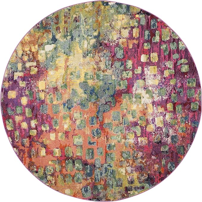 SAFAVIEH Monaco Collection Area Rug - 6'7" Round, Pink & Multi, Boho Chic Abstract Watercolor Design, Non-Shedding & Easy Care, Ideal for High Traffic Areas in Living Room, Bedroom (MNC225D)