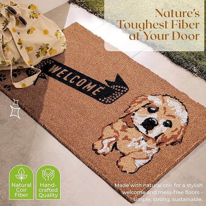 Coir Door Mats 17" X 30", Non-Slip Sturdy, PVC Backed Heavy Duty, Easy to Clean, Ideal for Door Entrance, Patio, Porch, Backyard, Garages, Cute Little Puppy Welcome