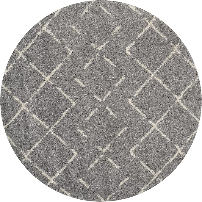 SAFAVIEH Arizona Shag Collection 6'7" Round Grey/Ivory ASG743D Moroccan Diamond Non-Shedding Living Room Bedroom Dining Room Entryway Plush 1.6-inch Thick Area Rug