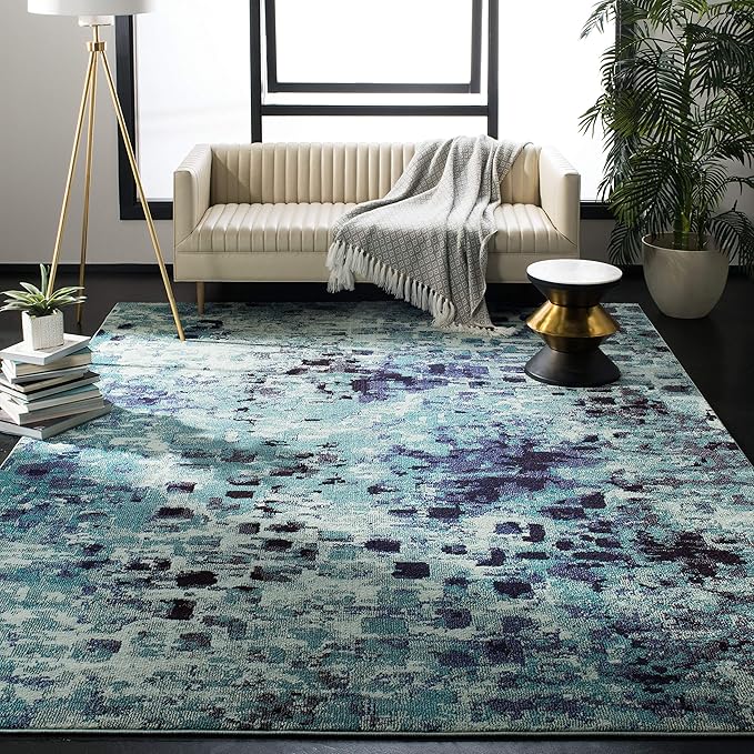 SAFAVIEH Monaco Collection 9' x 12' Light BlueMulti MNC225J Boho Chic Abstract Watercolor Non-Shedding Living Room Bedroom Dining Home Office Area Rug