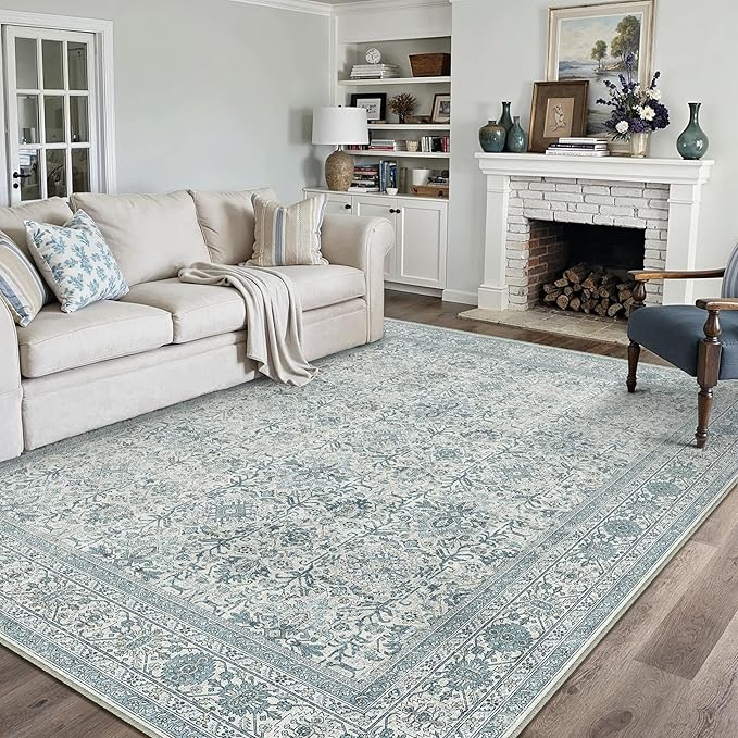 Vintage Area Rug 8x10 Blue Washable Living Room Large Carpet Non Slip Bedroom Indoor Office Low Pile Traditional Distressed Retro Accent Rug for Dining Room