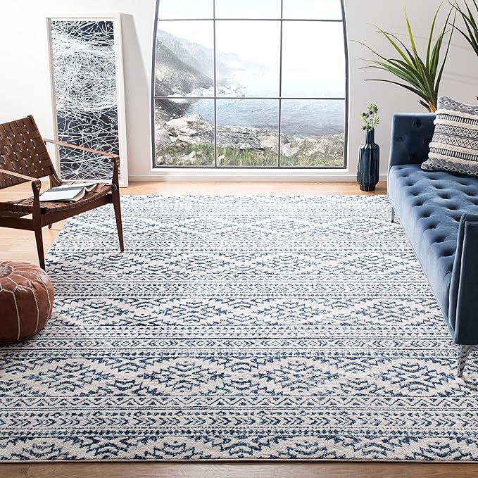 SAFAVIEH Area Rug 6x9 - Tulum Collection - Ivory & Navy, Moroccan Boho Tribal Design, Non-Shedding & Easy to Clean, Ideal for Living Room, Bedroom, Dining Space (TUL272D)