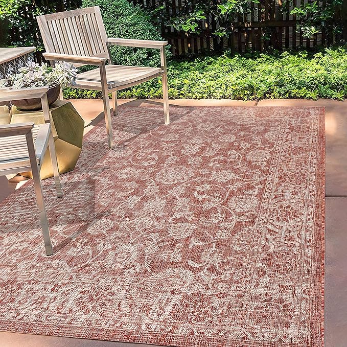 JONATHAN Y Weave Floral Indoor Outdoor Area Rug 6X9 Red/Taupe, Tela Bohemian Textured for Backyard, Patio, Porch, Easy-Cleaning, High Traffic, Pet-Friendly, Non-Shedding (SMB100A-6)