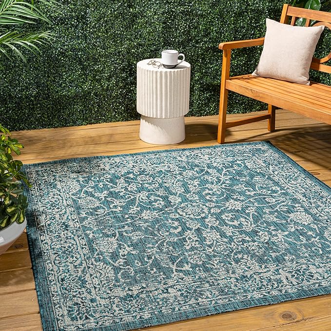 JONATHAN Y Weave Floral Indoor Outdoor Square Area Rug 8X8 Teal/Gray, Tela Bohemian Textured for Backyard, Patio, Porch, Easy-Cleaning, High Traffic, Pet-Friendly, Non-Shedding (SMB100C-8SQ)