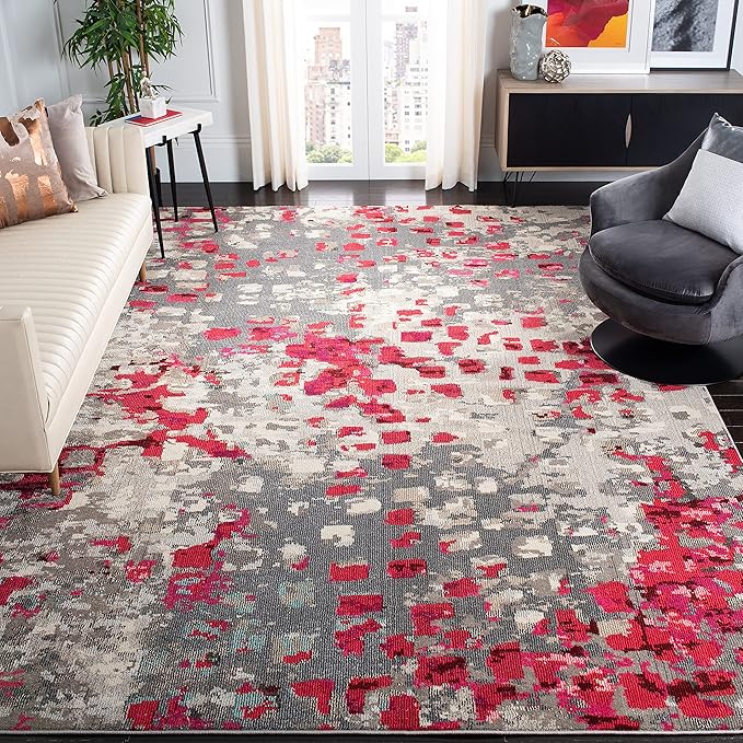 SAFAVIEH Monaco Collection Area Rug - 8' x 10', Grey & Fuchsia, Boho Chic Abstract Watercolor Design, Non-Shedding & Easy Care, Ideal for High Traffic Areas in Living Room, Bedroom (MNC225R)