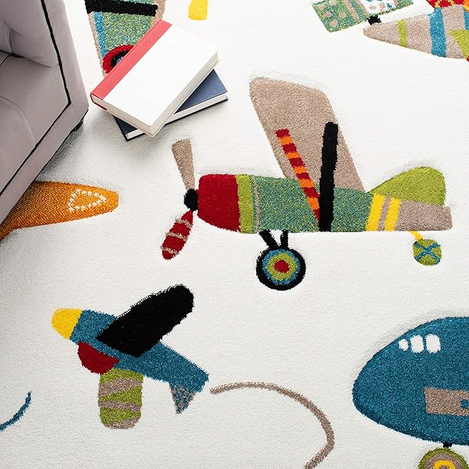 SAFAVIEH Carousel Kids Collection Area Rug - 5'3" x 7'6", Ivory & Blue, Non-Shedding & Easy Care, Ideal for High Traffic Areas for Boys & Girls in Playroom, Nursery, Bedroom (CRK167A)