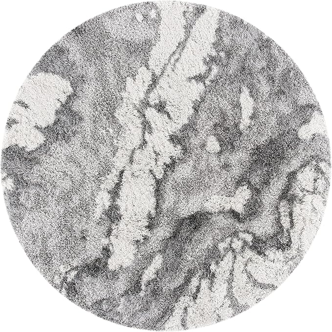 SAFAVIEH Horizon Shag Collection Area Rug - 6'7" Round, Grey & Ivory, Modern Abstract Design, Non-Shedding & Easy Care, 2-inch Thick Ideal for High Traffic Areas in Living Room, Bedroom (HZN890F)