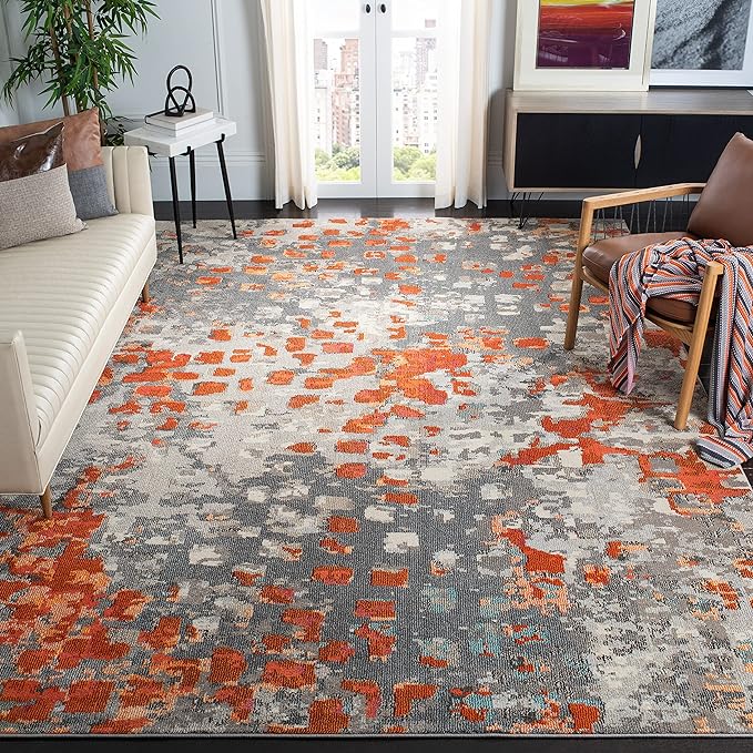 SAFAVIEH Monaco Collection Area Rug - 6'7" Square, Grey & Orange, Boho Chic Abstract Watercolor Design, Non-Shedding & Easy Care, Ideal for High Traffic Areas in Living Room, Bedroom (MNC225H)