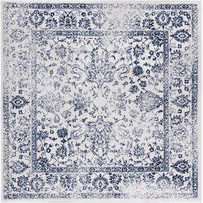 SAFAVIEH Adirondack Collection Area Rug - 6' Square, Ivory & Navy, Distressed Vintage Floral Design, Non-Shedding & Easy to Clean, Ideal for Living Room, Bedroom, Dining Space (ADR109M)