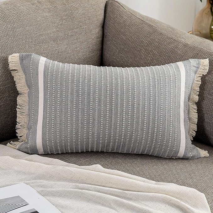 OJIA Modern Throw Pillow Cover with Tassels, Decorative Liana Fringe Accent Cushion Case, Farmhouse Woven Pillowcase for Sofa Chair Couch Bed Decor (Lumbar 12 x 20 Inches, Grey)