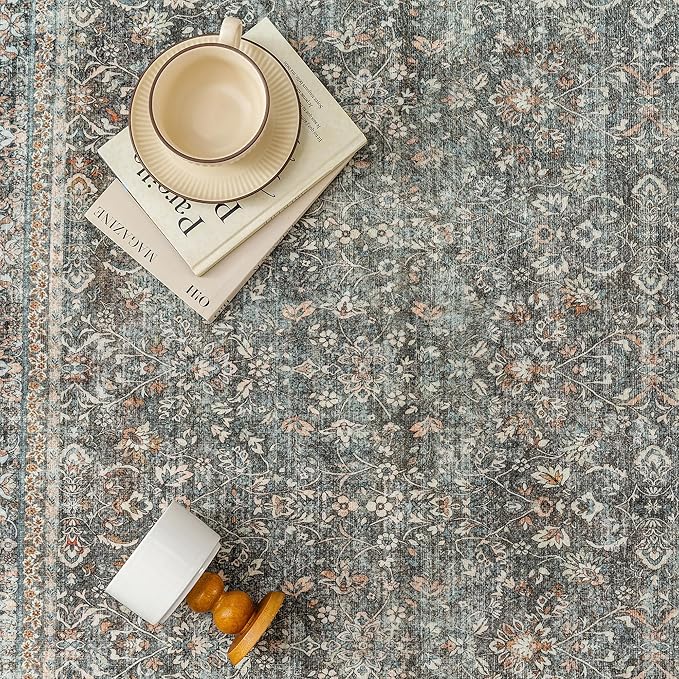 Entryway Area Rug 2x3 Grey Gray Washable Vintage Carpet Non Slip Indoor Kitchen Door Mat Retro Traditional Entrance Accent Throw Small Rug for Bathroom Office Bedroom Dining Living Room