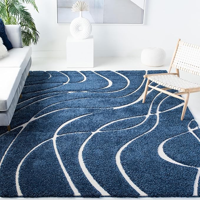 SAFAVIEH Florida Shag Collection Area Rug - 8'6" x 12', Navy & Ivory, Non-Shedding & Easy Care, 1.2-inch Thick Ideal for High Traffic Areas in Living Room, Bedroom (SG471-6512)