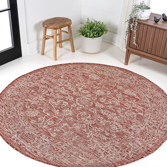 JONATHAN Y Weave Floral Indoor Outdoor Round Area Rug 3 Ft Red/Taupe, Tela Bohemian Textured for Backyard, Patio, Porch, Easy-Cleaning, High Traffic, Pet-Friendly, Non-Shedding (SMB100A-3R)