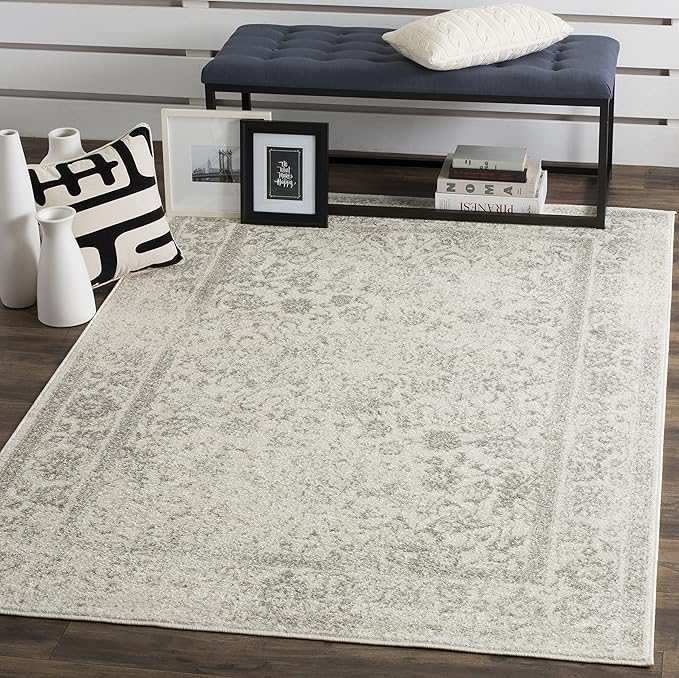 SAFAVIEH Adirondack Collection Area Rug - 5'1" x 7'6", Ivory & Silver, Distressed Vintage Floral Design, Non-Shedding & Easy to Clean, Ideal for Living Room, Bedroom, Dining Space (ADR109C)