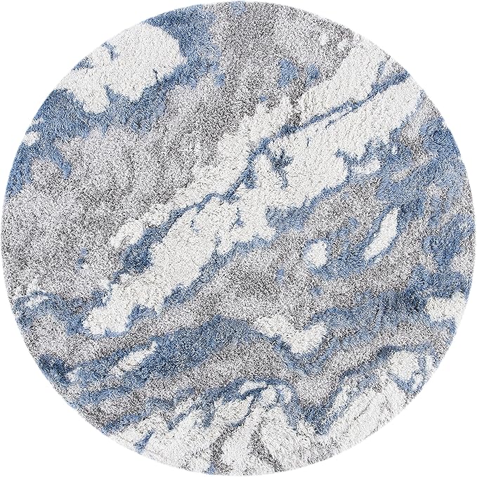 SAFAVIEH Horizon Shag Collection Area Rug - 3' Round, Grey & Blue, Modern Abstract Design, Non-Shedding & Easy Care, 2-inch Thick Ideal for High Traffic Areas in Living Room, Bedroom (HZN890G)