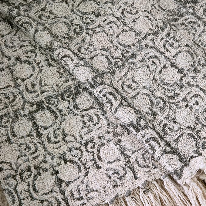 100% Pure Cotton Handblock Printed Throw Blanket, Soft 50" x 60" Fringed Floral Print Throw for Couch, Sofa, Chair, Bed - Cozy, Machine Washable, Comfortable Home Decor