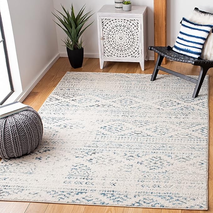 SAFAVIEH Area Rug 6x9 - Tulum Collection - Ivory & Turquoise, Moroccan Boho Tribal Design, Non-Shedding & Easy to Clean, Ideal for Living Room, Bedroom, Dining Space (TUL272E)