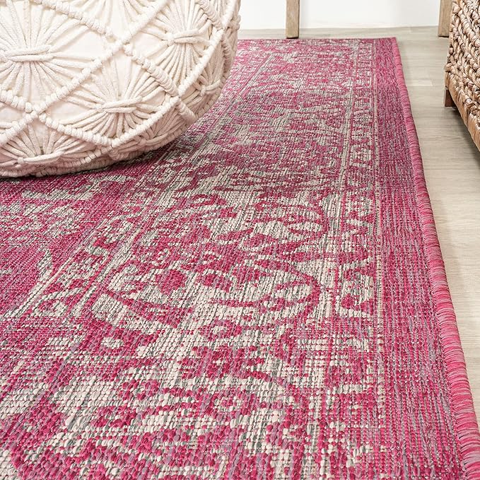 JONATHAN Y Weave Floral Indoor Outdoor Square Area Rug 5X5 Fuchsia/Light Gray, Tela Bohemian Textured for Backyard, Patio, Porch, Easy-Cleaning, High Traffic, Pet-Friendly, Non-Shedding (SMB100G-5SQ)