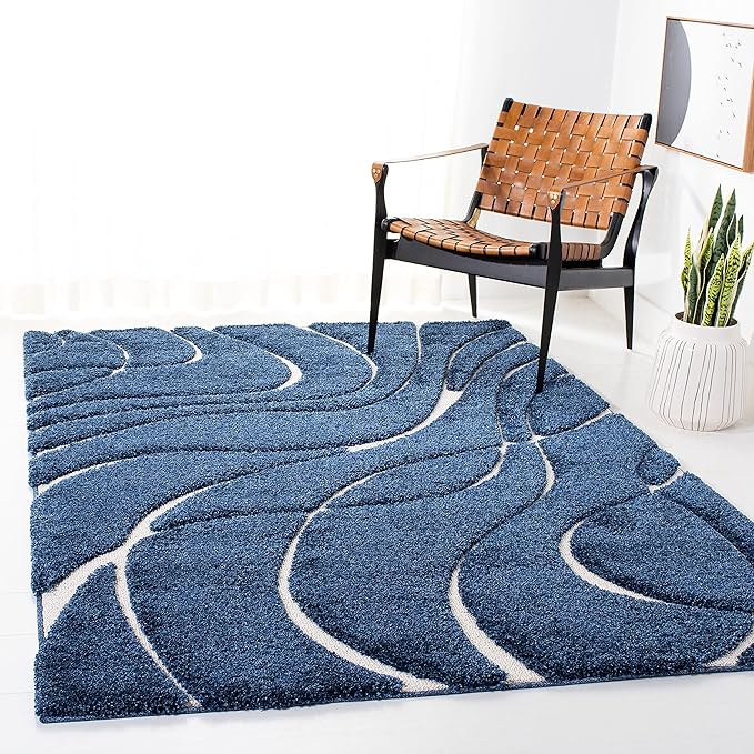 SAFAVIEH Florida Shag Collection Area Rug - 6'7" Square, Navy & Ivory, Non-Shedding & Easy Care, 1.2-inch Thick Ideal for High Traffic Areas in Living Room, Bedroom (SG471-6512)