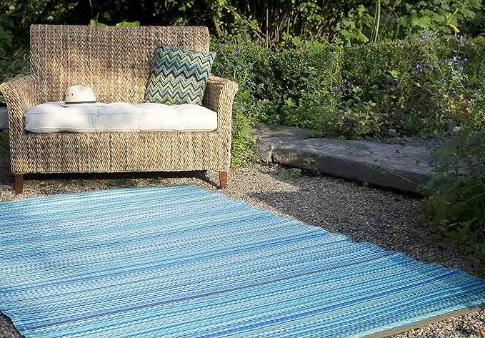 Fab Habitat Outdoor Rug - Waterproof, Fade Resistant, Crease-Free - Premium Recycled Plastic - Striped - Patio, Porch, Deck, Balcony, Sunroom - Cancun - Turquoise & Moss Green - 5 x 8 ft