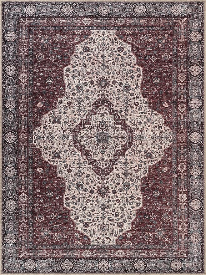 Bloom Rugs Washable Non-Slip 3' x 5' Rug - Red/Green/Cream Traditional Medallion Area Rug for Living Room, Bedroom, Dining Room, and Kitchen - Exact Size: 3' x 5'