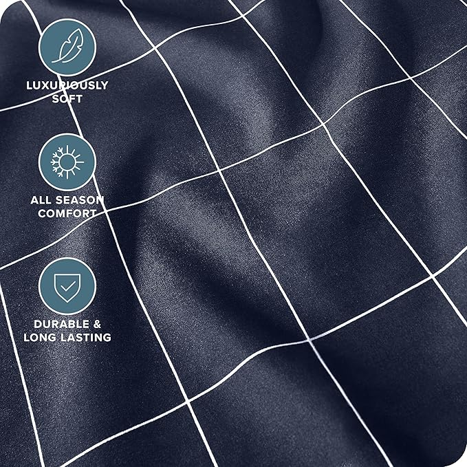 Bare Home Fitted Bottom Sheet Queen Size - Premium 1800 Microfiber - Ultra-Soft Hotel Luxury - Deep Pocket - Durable and Long Lasting (Queen, Grid - Midnight Blue/White)