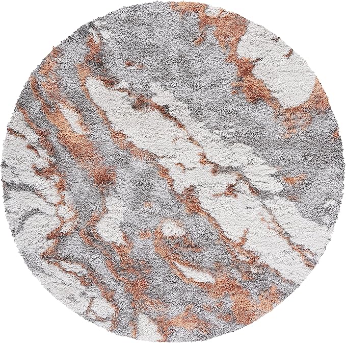 SAFAVIEH Horizon Shag Collection Area Rug - 6'7" Round, Grey & Rust, Modern Abstract Design, Non-Shedding & Easy Care, 2-inch Thick Ideal for High Traffic Areas in Living Room, Bedroom (HZN890P)