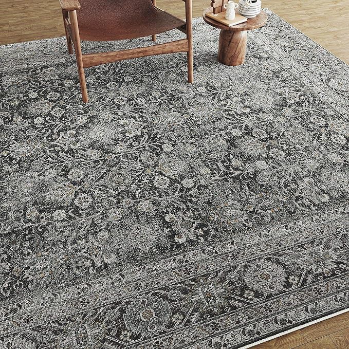 Vintage Area Rug 9x12 Black Washable Living Room Large Carpet Non Slip Bedroom Indoor Office Low Pile Traditional Distressed Retro Accent Rug for Dining Room
