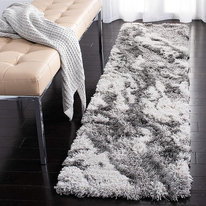SAFAVIEH Horizon Shag Collection Runner Rug - 2' x 8', Grey & Ivory, Modern Abstract Design, Non-Shedding & Easy Care, 2-inch Thick Ideal for High Traffic Areas in Living Room, Bedroom (HZN890F)