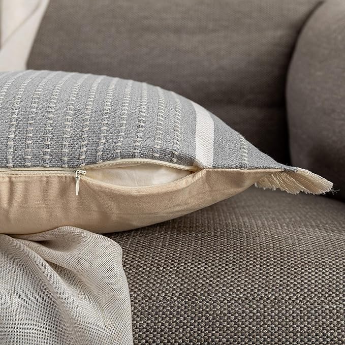 OJIA Modern Throw Pillow Cover with Tassels, Decorative Liana Fringe Accent Cushion Case, Farmhouse Woven Pillowcase for Sofa Chair Couch Bed Decor (Lumbar 12 x 20 Inches, Grey)