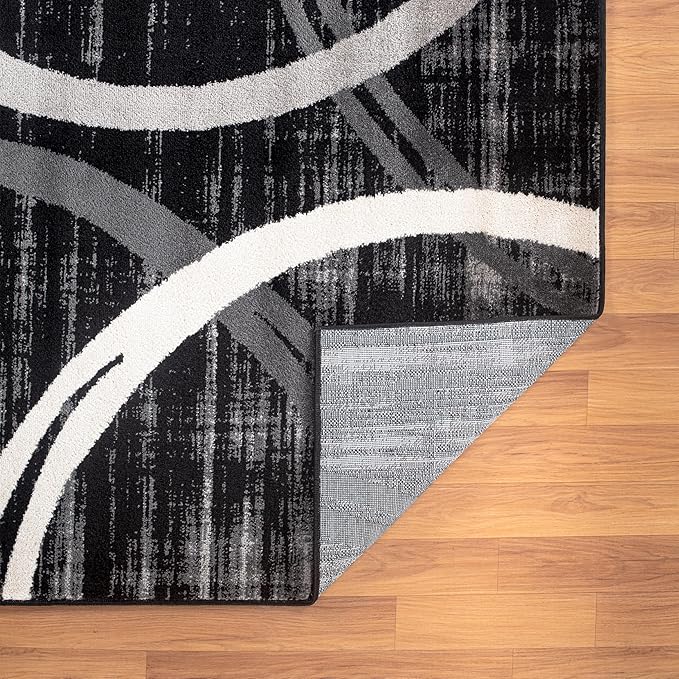 Rugshop Modern Wavy Circles Design Area Rug, Non-Shedding Carpet for Living Room, Large Bedroom, or Dining Room,Grand Room,Open Spaces Black, 8'8" x 12'