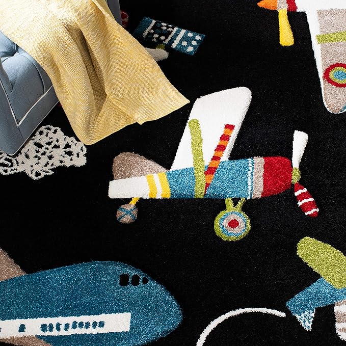 SAFAVIEH Carousel Kids Collection Area Rug - 9' x 12', Black & Ivory, Airplane Design, Non-Shedding & Easy Care, Ideal for High Traffic Areas for Boys & Girls in Playroom, Nursery, Bedroom (CRK167Z)