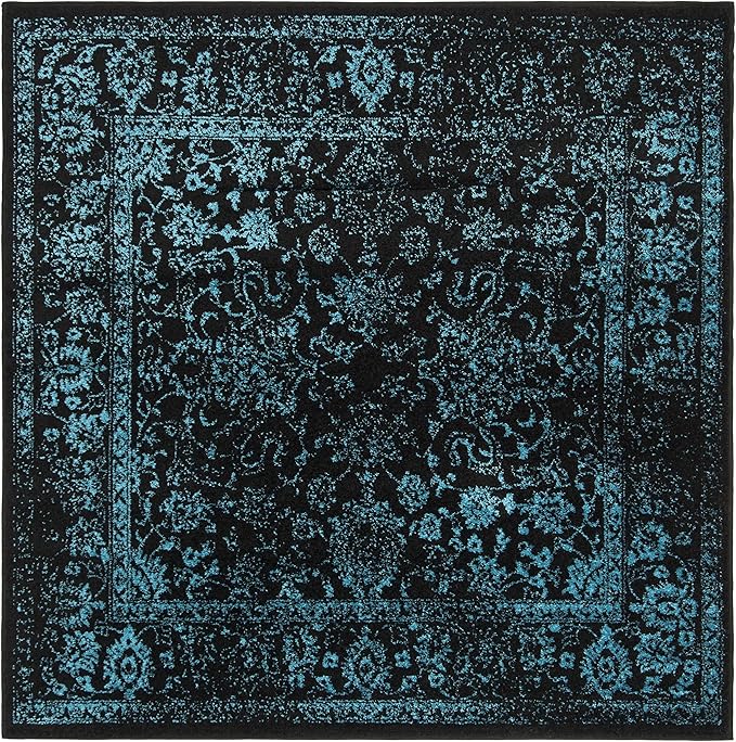 SAFAVIEH Adirondack Collection Area Rug - 8' Square, Black & Teal, Distressed Vintage Floral Design, Non-Shedding & Easy to Clean, Ideal for Living Room, Bedroom, Dining Space (ADR109K)
