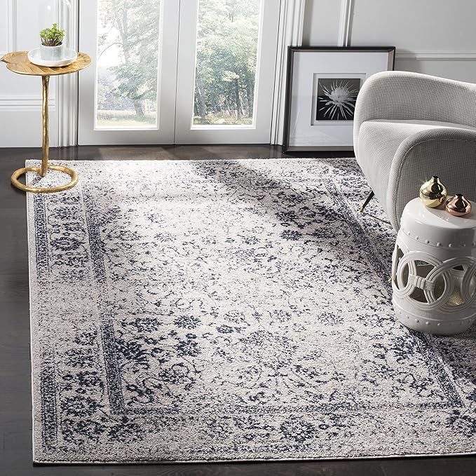 SAFAVIEH Area Rug 6x9 - Adirondack Collection - Grey & Navy, Distressed Vintage Floral Design, Non-Shedding & Easy to Clean, Ideal for Living Room, Bedroom, Dining Space (ADR109P)