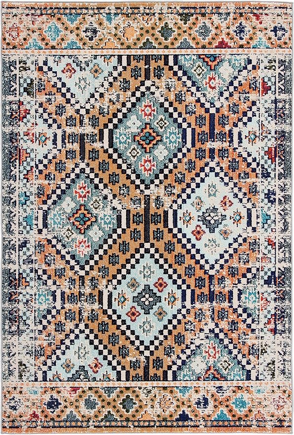 SAFAVIEH Madison Collection Area Rug - 9' x 12', Orange & Beige, Boho Diamond Distressed Design, Non-Shedding & Easy Care, Ideal for High Traffic Areas in Living Room, Bedroom (MAD418P)