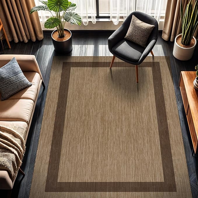 CAMILSON Outdoor Rug 5x7 - Modern Outside Rugs for Patios Porches Waterproof Durable Washable Non-Shedding, Easy-to-Clean Indoor Outdoor Area Carpet (5 x 7, Bordered - Jute)