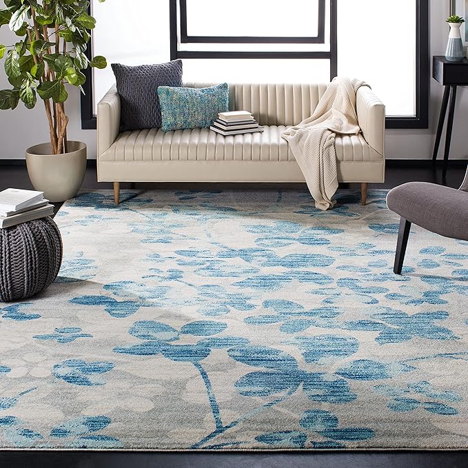 SAFAVIEH Evoke Collection 10' x 14' Grey/Light Blue EVK236J Floral Non-Shedding Living Room Bedroom Dining Home Office Area Rug
