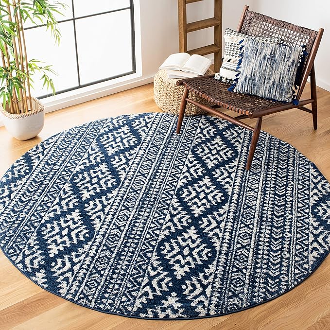 SAFAVIEH Tulum Collection Area Rug - 6'7" Round, Navy & Ivory, Moroccan Boho Tribal Design, Non-Shedding & Easy to Clean, Ideal for Living Room, Bedroom, Dining Space (TUL272N)