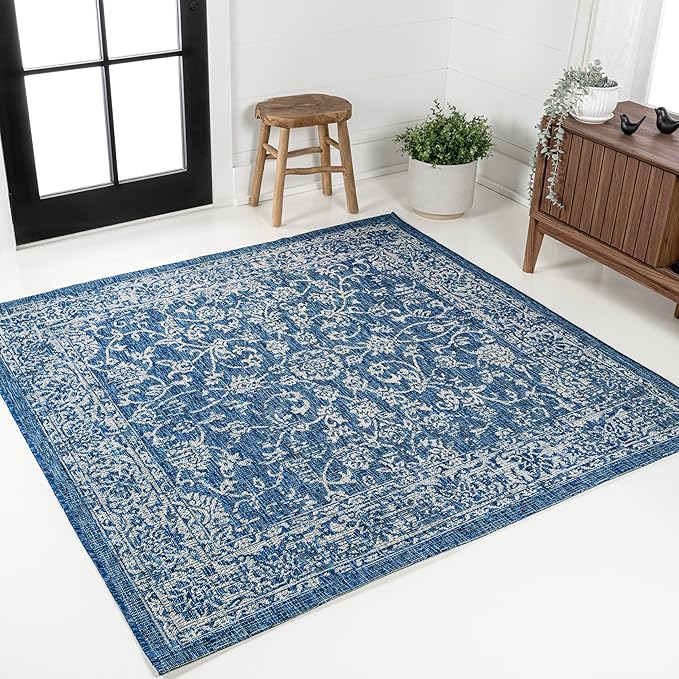 JONATHAN Y Weave Floral Indoor Outdoor Square Area Rug 6X6 Navy/Gray, Tela Bohemian Textured for Backyard, Patio, Porch, Easy-Cleaning, High Traffic, Pet-Friendly, Non-Shedding (SMB100B-6SQ)