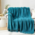 Teal Knitted Decorative Throw Blankets for Couch, Bedroom and Officeroom,Textured Fade Resistant Soft and Warm Knit Blanket with Tassel,50"x60"