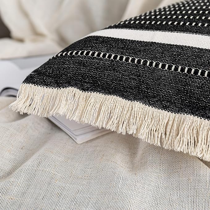 OJIA Modern Throw Pillow Cover with Tassels, Decorative Liana Fringe Accent Cushion Case, Farmhouse Woven Pillowcase for Sofa Chair Couch Bed Decor (Lumbar 12 x 20 Inches, Black)