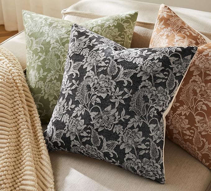 Floral Jacquard Throw Pillow Covers Set of 2, Background/Charcoal 16x16 Inch, Farmhouse Decorative Cotton Dark Grey Cushion Covers for Sofa Bed Living Room Home Decor
