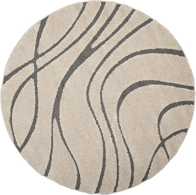 SAFAVIEH Florida Shag Collection Area Rug - 5' Round, Cream & Grey, Non-Shedding & Easy Care, 1.2-inch Thick Ideal for High Traffic Areas in Living Room, Bedroom (SG471-1180)