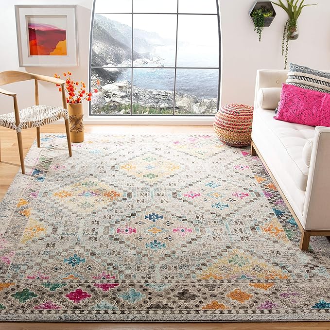 SAFAVIEH Area Rug 8x10 - Madison Collection - Large - Grey & Yellow, Boho Diamond Distressed Design, Non-Shedding & Easy Cleaning, Ideal for Living Room, Bedroom, Office, Dining Space (MAD418F)