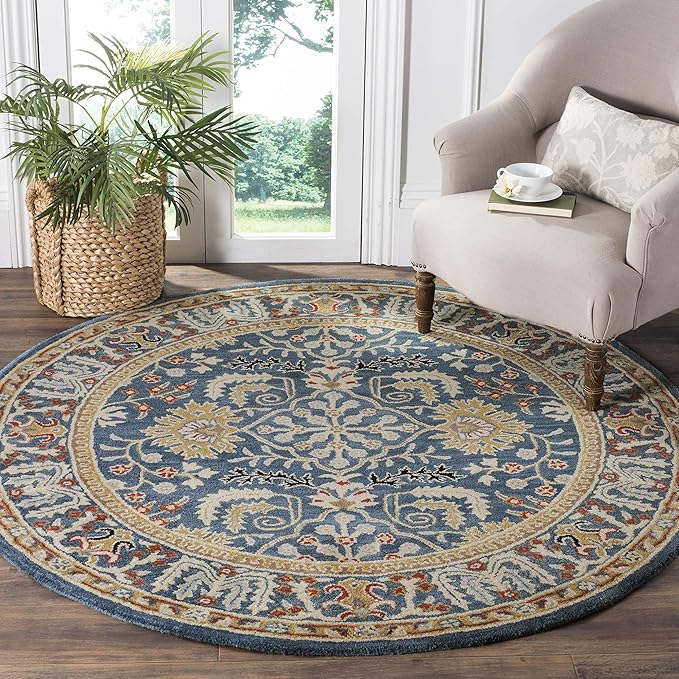 SAFAVIEH Antiquity Collection Area Rug - 4' Round, Dark Blue & Multi, Handmade Traditional Oriental Wool, Ideal for High Traffic Areas in Living Room, Bedroom (AT64B)