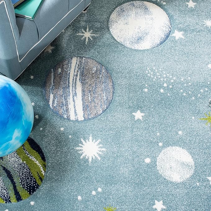 SAFAVIEH Carousel Kids Collection Area Rug - 6'7" x 9', Teal & Ivory, Non-Shedding & Easy Care, Ideal for High Traffic Areas for Boys & Girls in Playroom, Nursery, Bedroom (CRK103J)