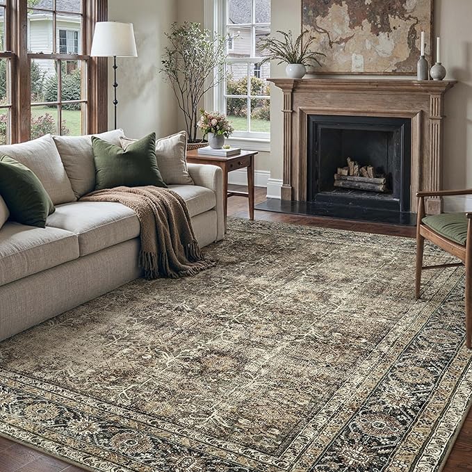 Vintage Area Rug 8x10 Brown Washable Living Room Large Carpet Non Slip Bedroom Indoor Office Low Pile Traditional Distressed Retro Accent Rug for Dining Room