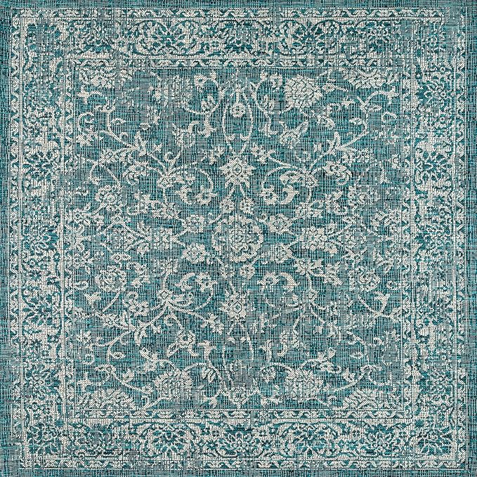 JONATHAN Y Weave Floral Indoor Outdoor Square Area Rug 6X6 Teal/Gray, Tela Bohemian Textured for Backyard, Patio, Porch, Easy-Cleaning, High Traffic, Pet-Friendly, Non-Shedding (SMB100C-6SQ)