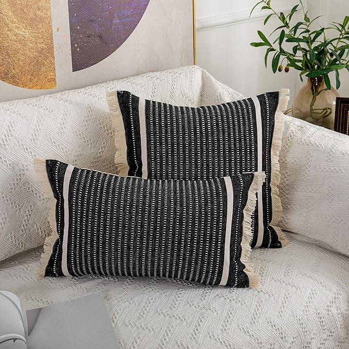 OJIA Modern Throw Pillow Cover with Tassels, Decorative Liana Fringe Accent Cushion Case, Farmhouse Woven Pillowcase for Sofa Chair Couch Bed Decor (Lumbar 12 x 20 Inches, Black)